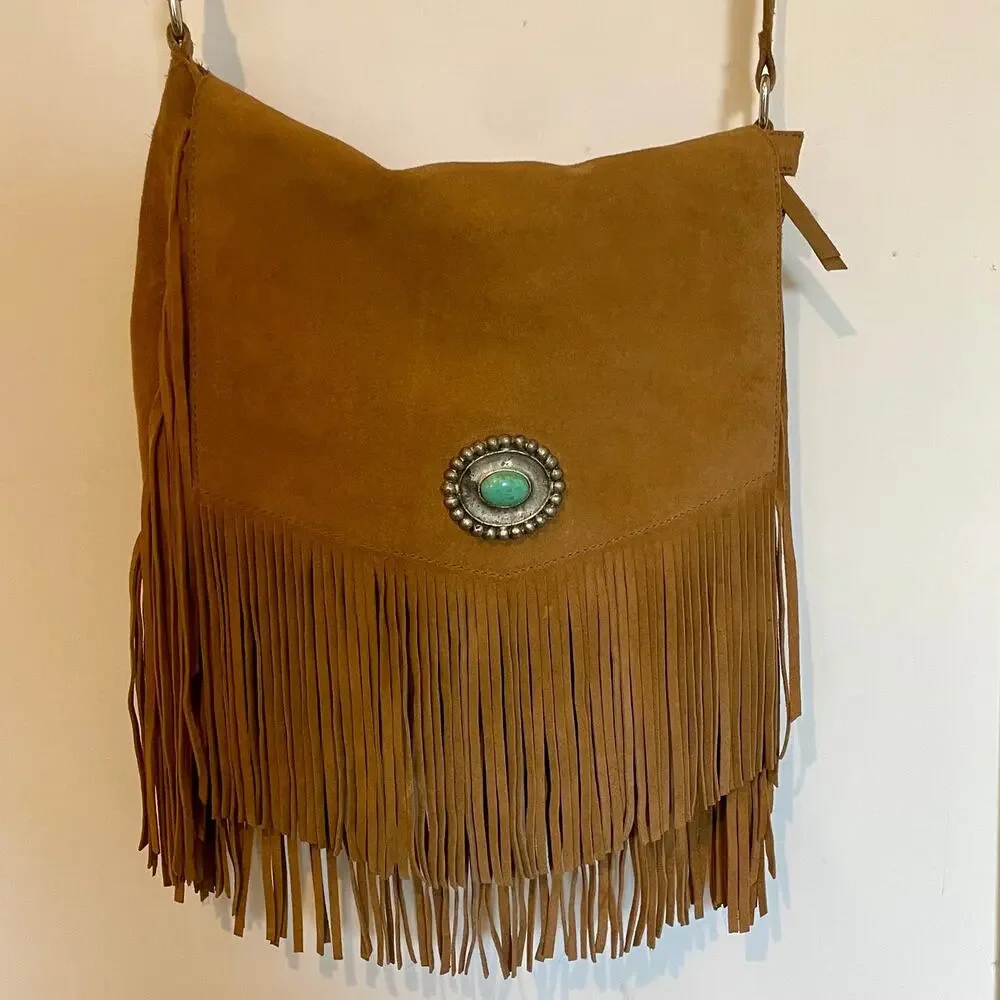 Ten79LA Ricky Suede Tan Crossbody Bag Fringe Western Native Inspired